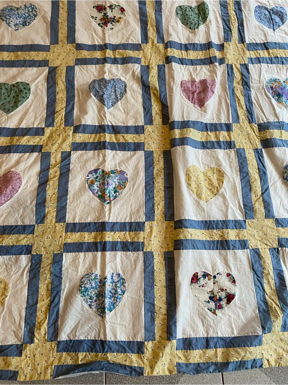 jcpenney Blue, Yellow and Cream Heart Patchwork Quilt shower curtain